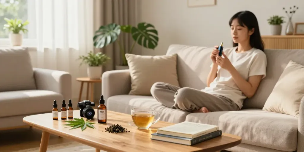 Weed Shake UK products alongside quality CBD oil tinctures and organic wellness essentials in a serene living room atmosphere.