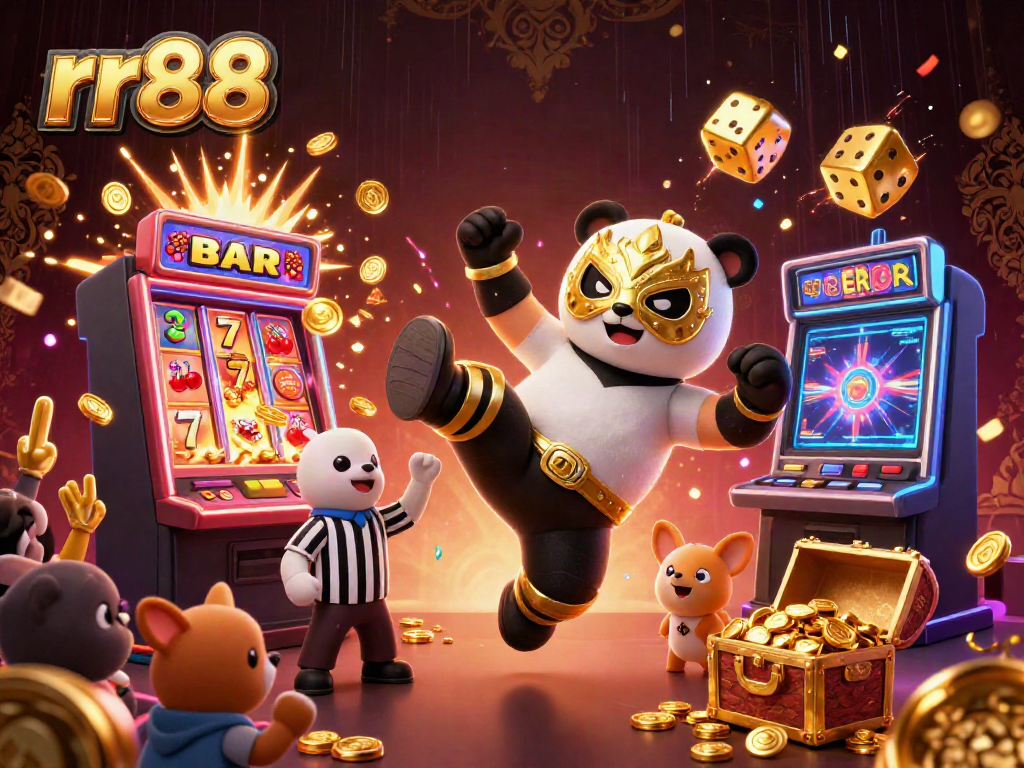 Engage in thrilling gameplay at rr88 with vibrant casino action featuring a panda wrestler and chihuahua referee.