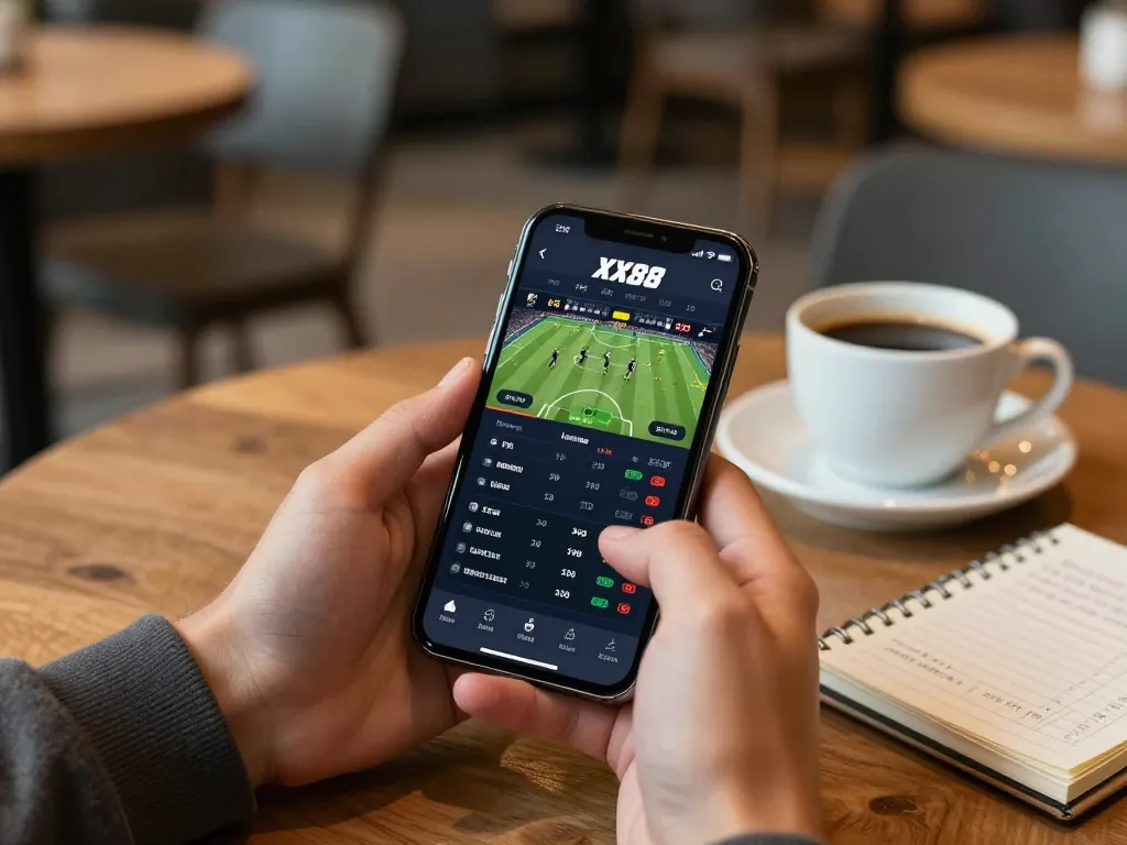 Engaging in sports betting on the XX88 app while enjoying a coffee in a modern cafe.