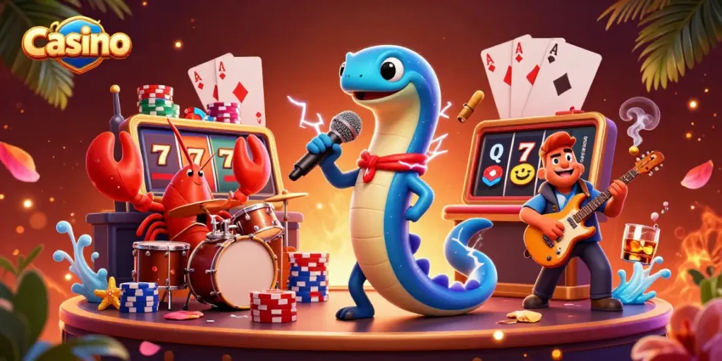 Watch the vibrant underwater casino with an electric eel DJ, back-up band, and rich gaming elements.