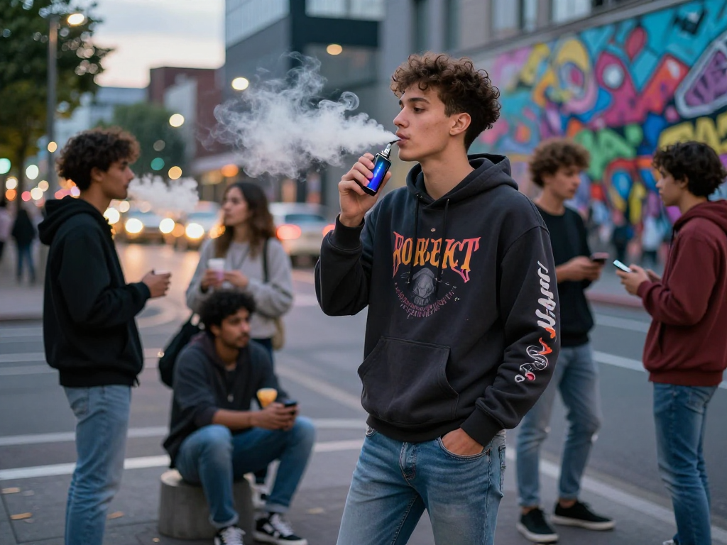 Vaping lifestyle moment with rokok88 in vibrant urban evening setting.
