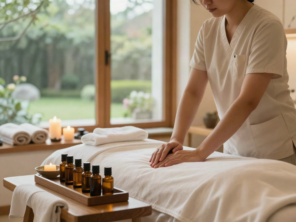 Experience personalized 시흥출장마사지 in a serene home spa setting with warm light and calming atmosphere.