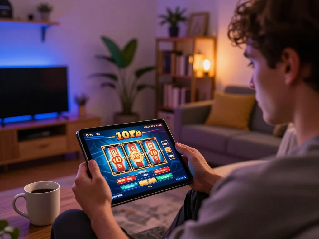 Engaged player utilizing slot deposit 10rb interface on a tablet, enjoying online gaming in a cozy living room