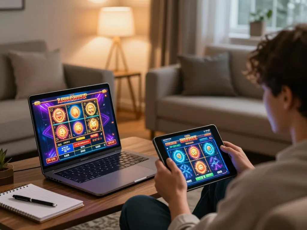 Engaging slot bet kecil gameplay on a tablet during a cozy home gaming session