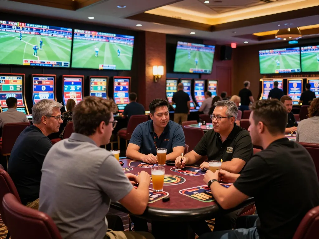 Betting enthusiasts enjoying a strategic moment at rikvip's sports lounge with engaging live events