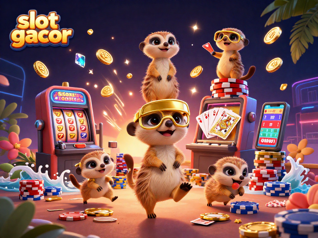 Experience slot gacor fun with meerkats in an animated casino scene filled with vibrant colors and elements.