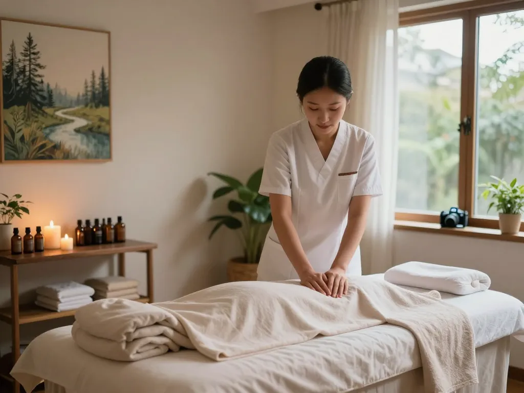 Massage therapy room with calming ambiance and soothing elements for a relaxing experience.