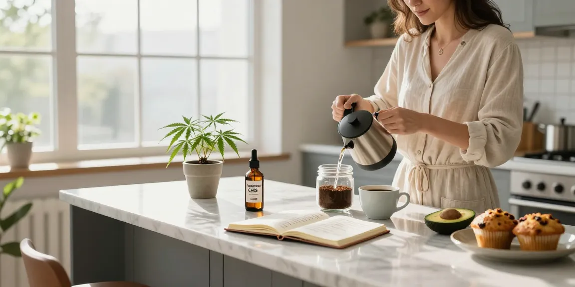 CBD Coffee preparation in a bright kitchen, infused with organic wellness elements and hemp extract.