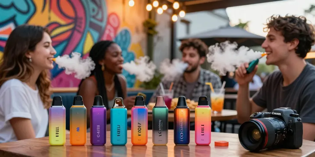 Engaging scene with friends enjoying Hitz infinity Gen 7 vaping together in an urban setting.