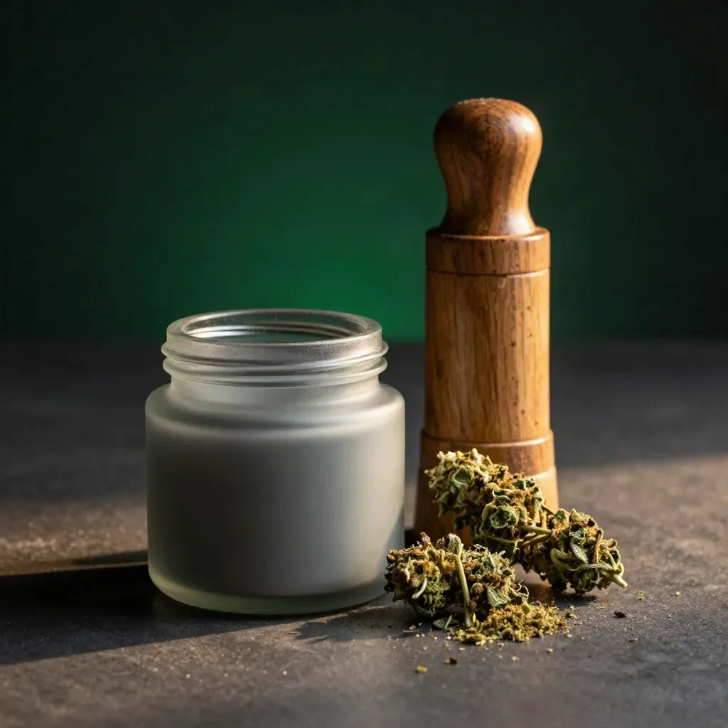Matte jar, grinder, and bright green flower spilling on a dark surface