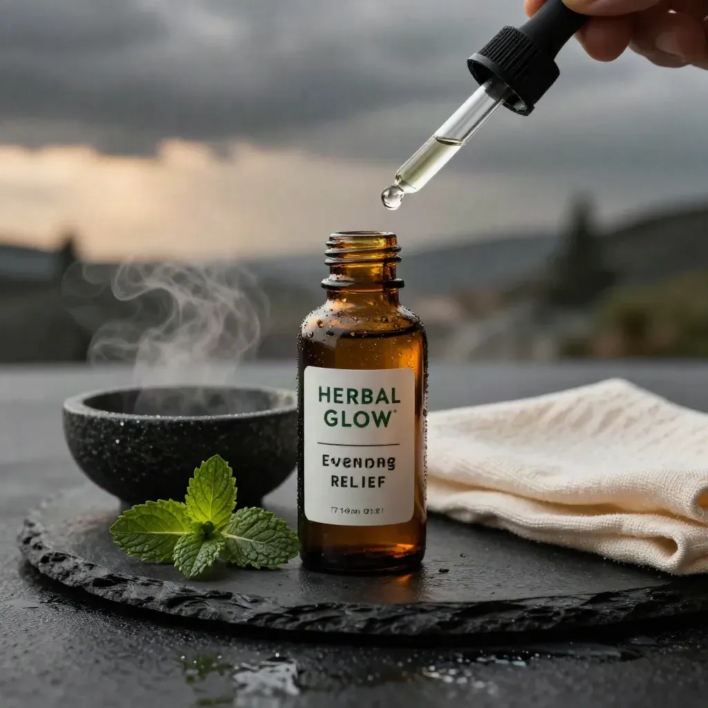 Amber tincture bottle with dropper, peppermint sprig and bowl on dark stone in dusk light.