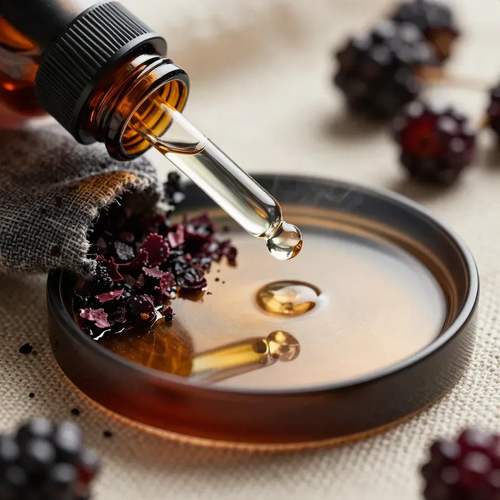 Amber tincture bottle with dropper, berries, and amber dish on charcoal linen, lit dramatically.