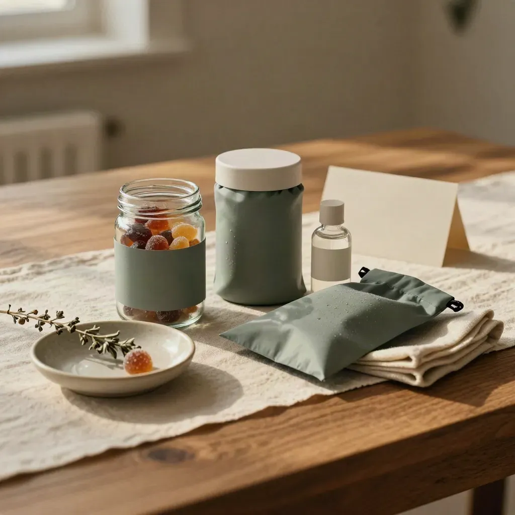 Herbal cannabis trio on linen runner with jar, gummies, tincture, and herb sprig