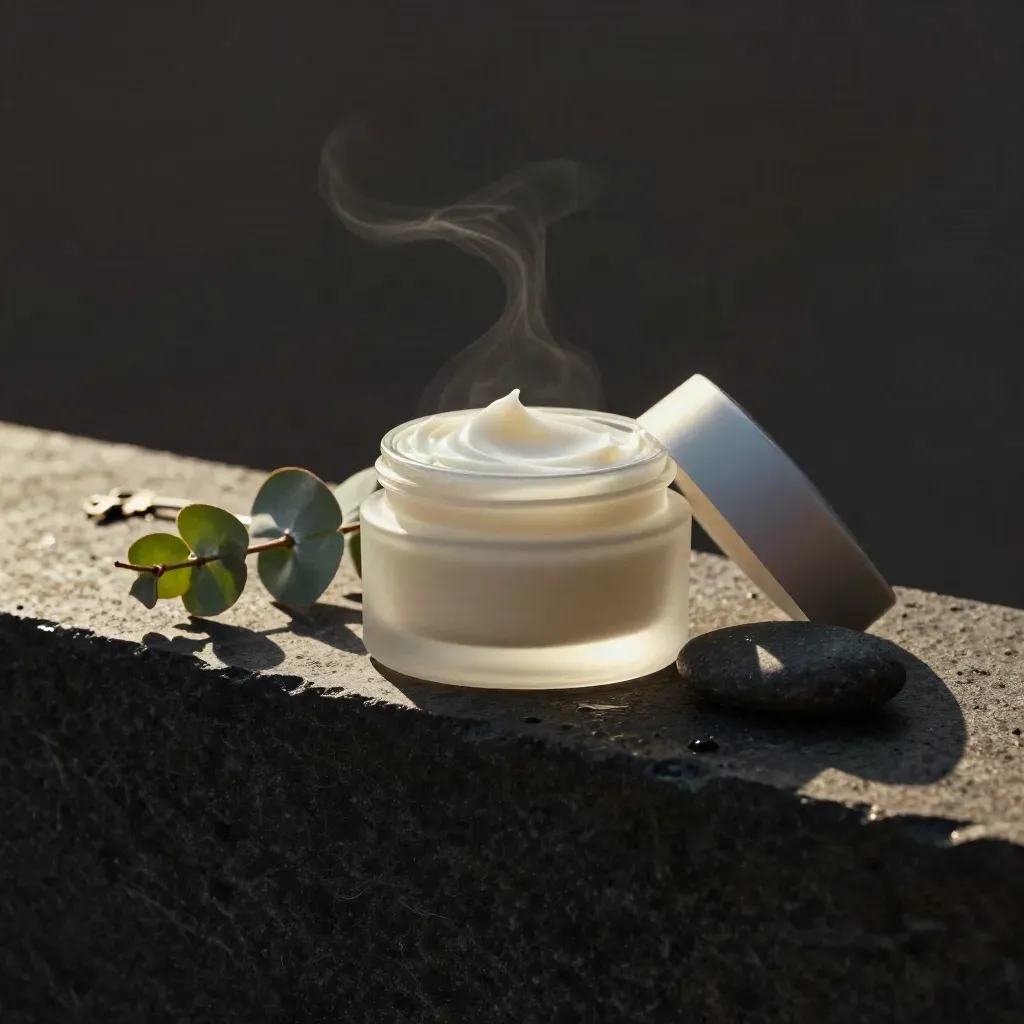 Open mint relief balm jar with eucalyptus on a dark stone ledge