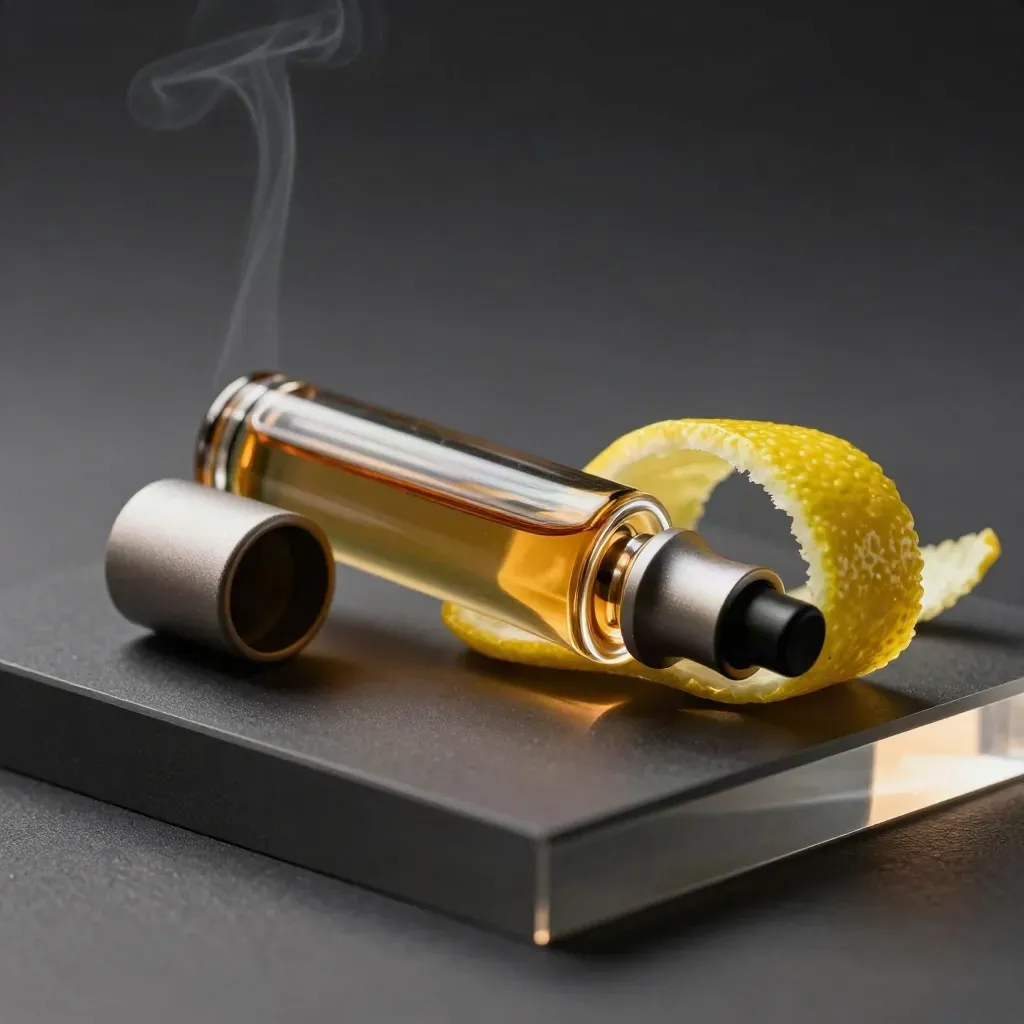 Clear vape cart with detached cap and lemon peel on charcoal, vapor curling away