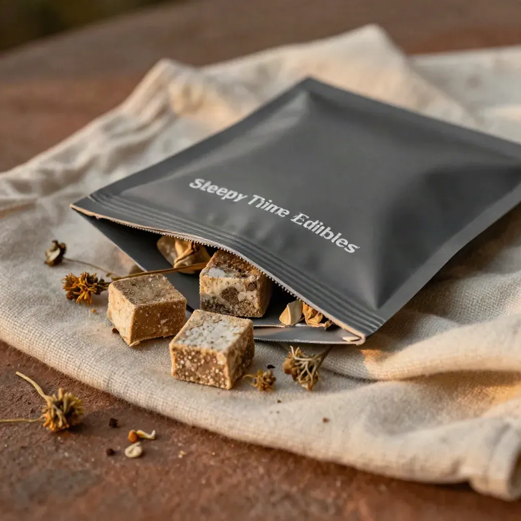 Matte sleep edibles pouch on wool cloth with chamomile blossoms in soft evening light.