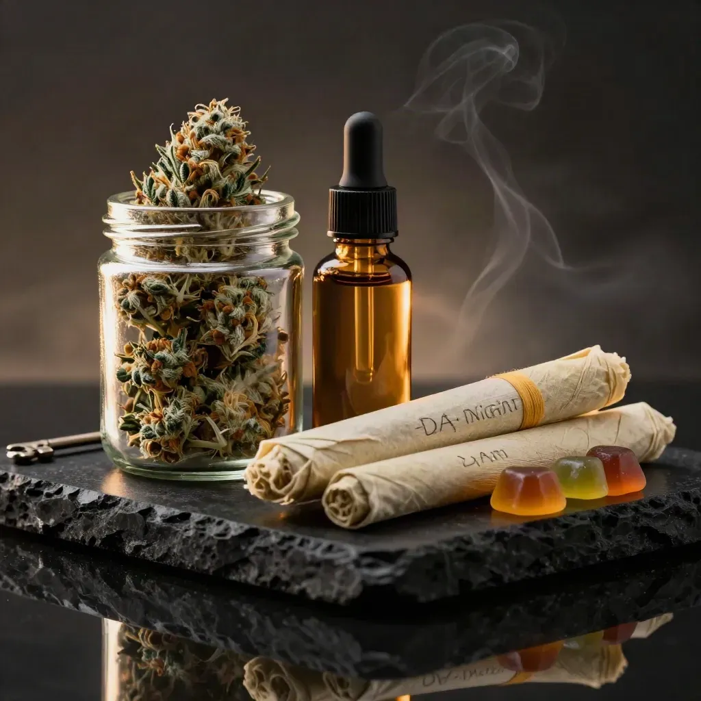 Cannabis flower, gummies, tincture and pre-rolls stacked dramatically on a dark plinth.