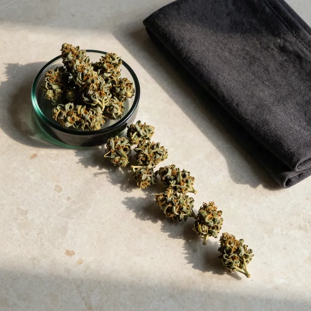 Overhead flatlay of cannabis flower in a glass dish with bowl, cloth, and stone surface.