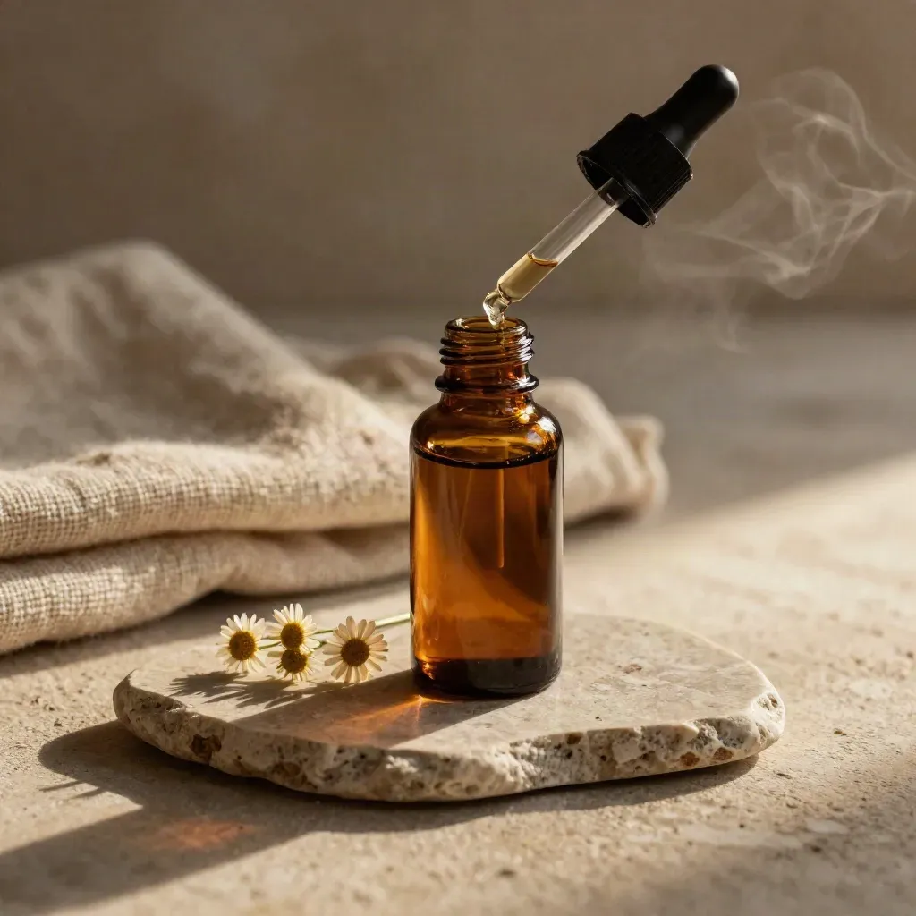 Sleep tincture bottle with dark dropper, chamomile sprig and folded linen on a stone bedside.