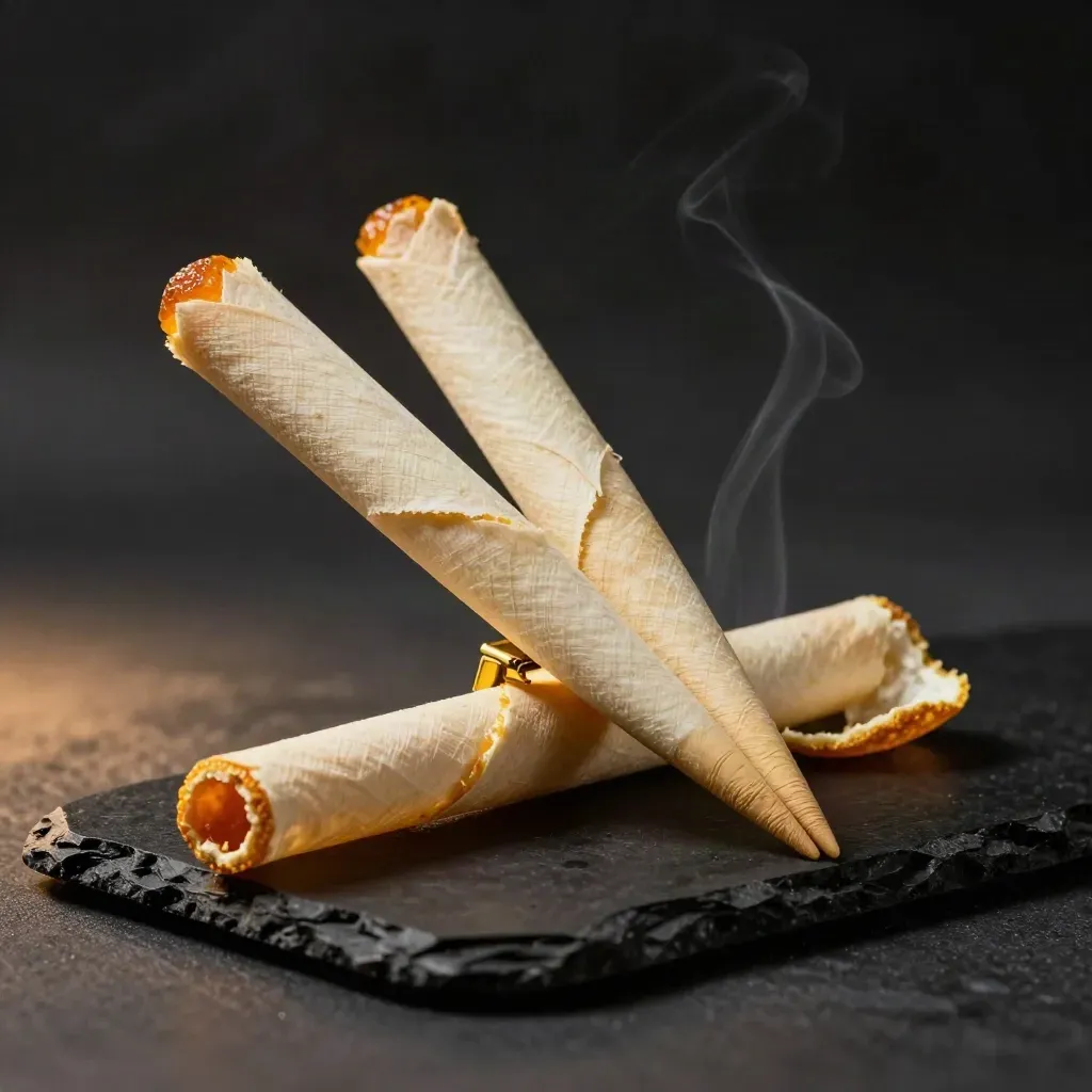 Open sleeve with two pre-roll cones, citrus peel, and brass clip on dark stone