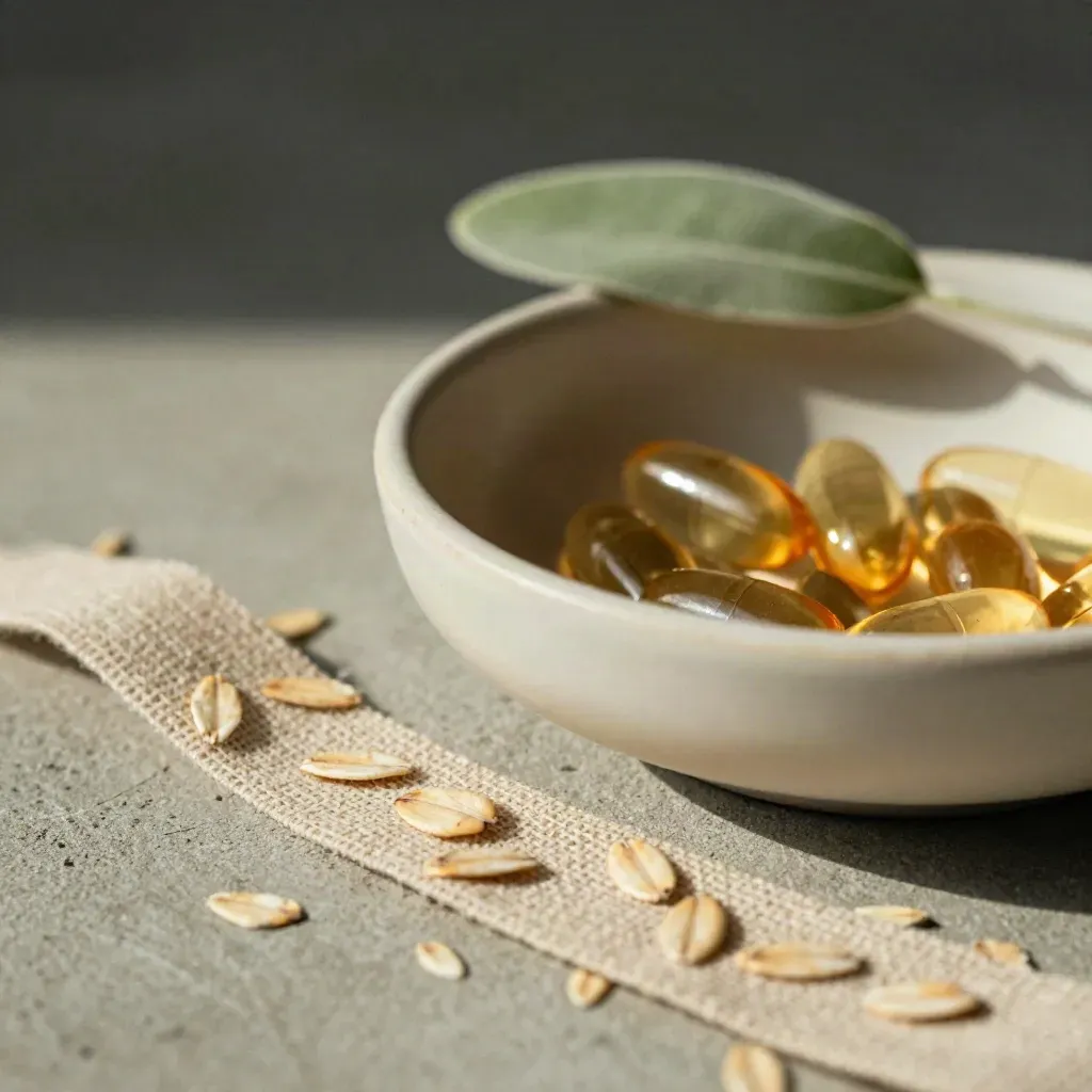 Cream bowl of capsules with linen and a sage sprig on concrete, lit by low raking light.