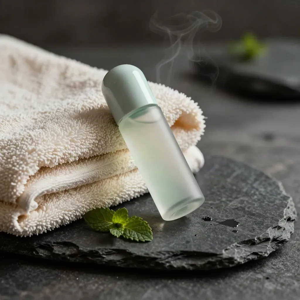 Mint berry roll-on bottle, towel, and mint leaf on dark stone, dramatic side light.