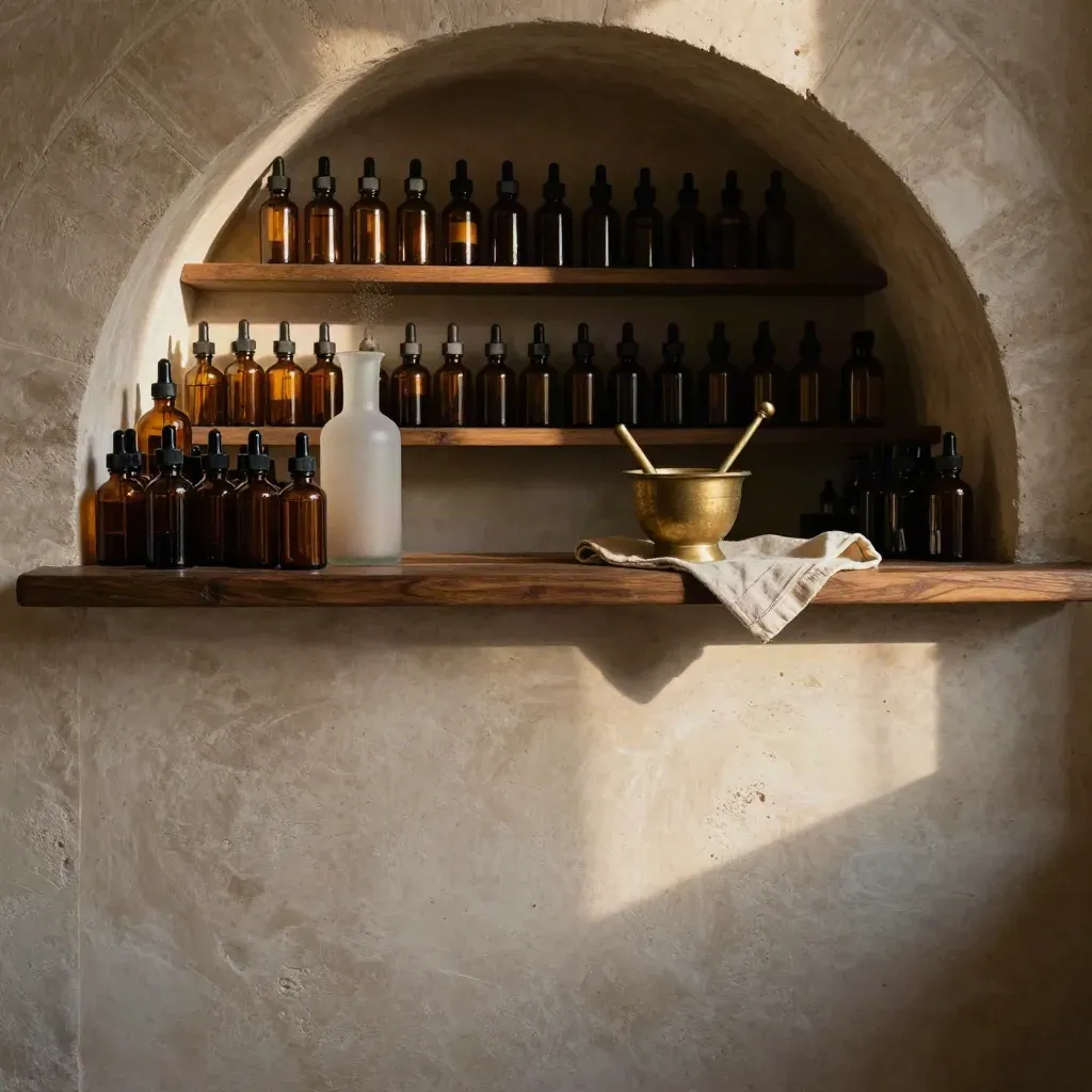 Sunlit apothecary alcove with tincture bottles, dark timber shelves and a stone arch.