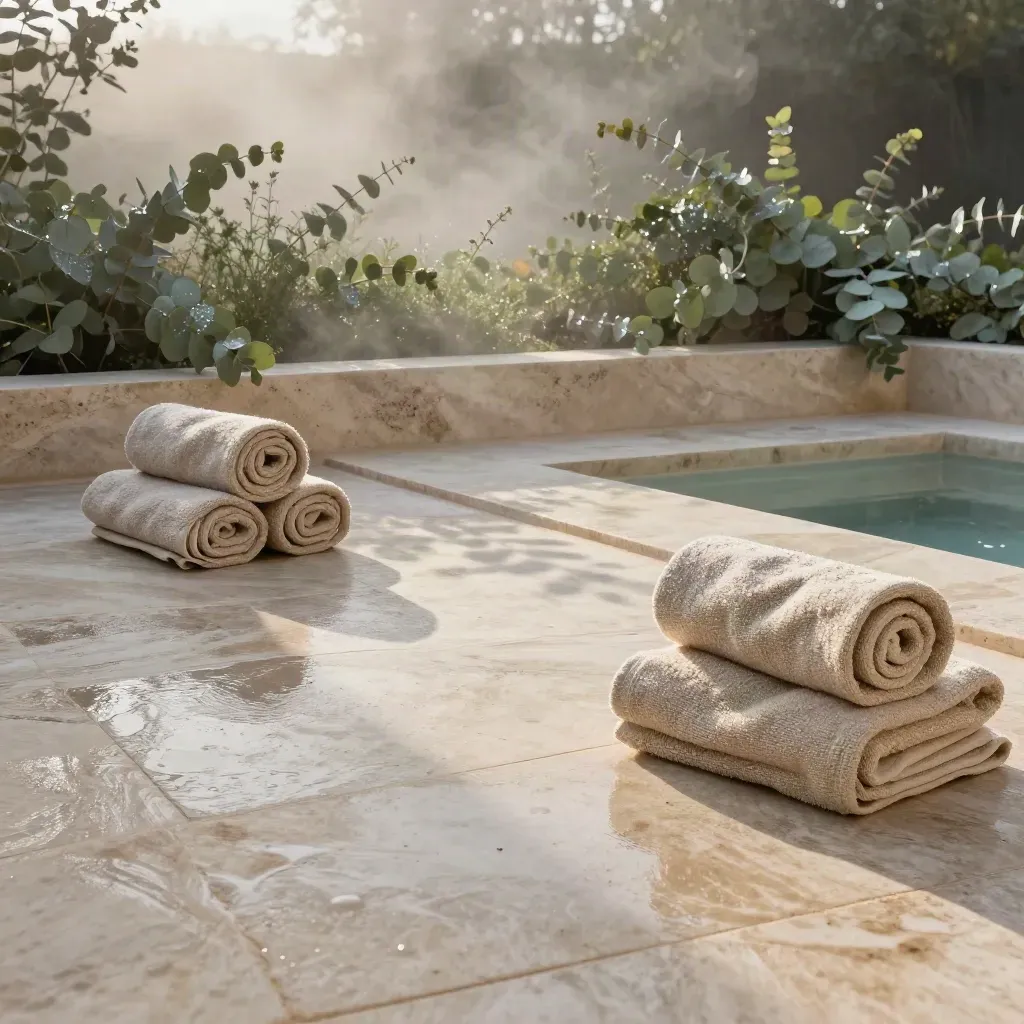 Wet stone spa terrace with rolled towels and eucalyptus in post-rain mist, lit by soft gold.