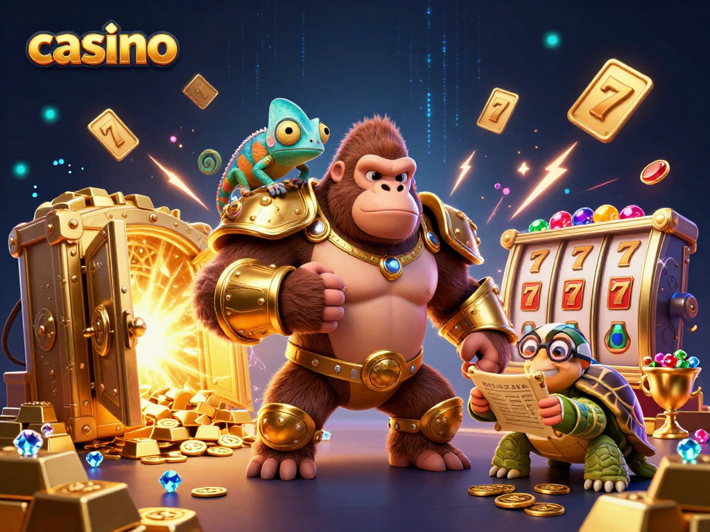 Engaging casino scene with a smart gorilla king, colorful chameleon, and wise tortoise surrounded by treasures.