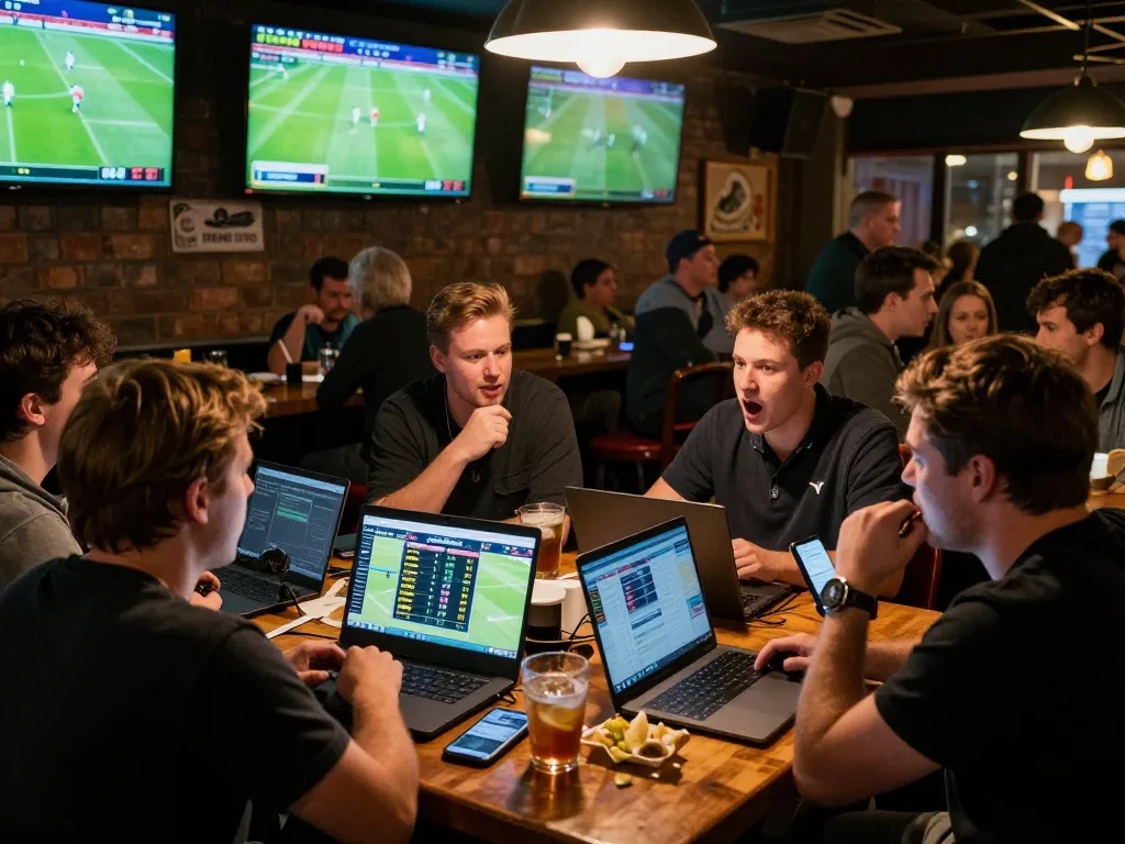 Betting enthusiasts engage in real-time sports betting action at a lively venue, showcasing nowgoal.