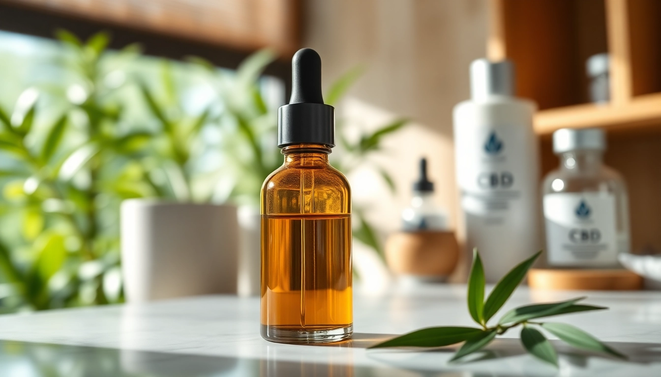 Showcasing CBD oil for skin in a luxurious and serene setting with natural elements and bright lighting.
