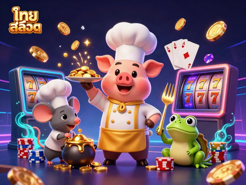 Engage in ไทย สล็อต with a chef pig presenting gold coins, surrounded by gameplay elements and vibrant characters.