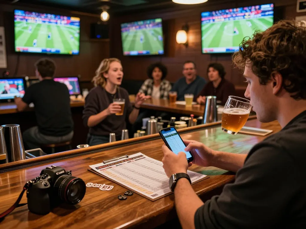Excited sports bettor engages with mobile app while checking scores at nearby bar, enjoying 888top gaming experience.