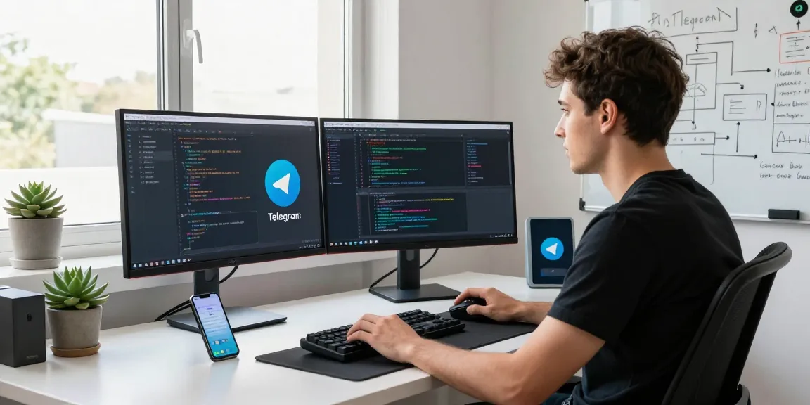 Dynamic tech workspace with developer showcasing telegram官网 on dual monitors, signifying innovation and creativity.