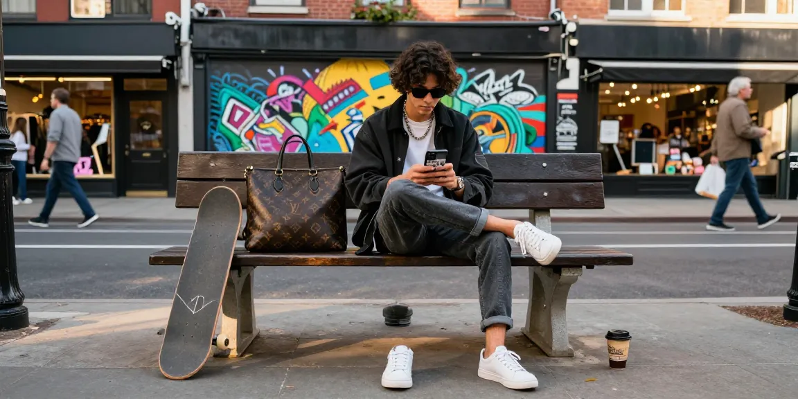 Stylish urban individual showcasing 명품 레플리카 while checking social media in a lively cityscape.