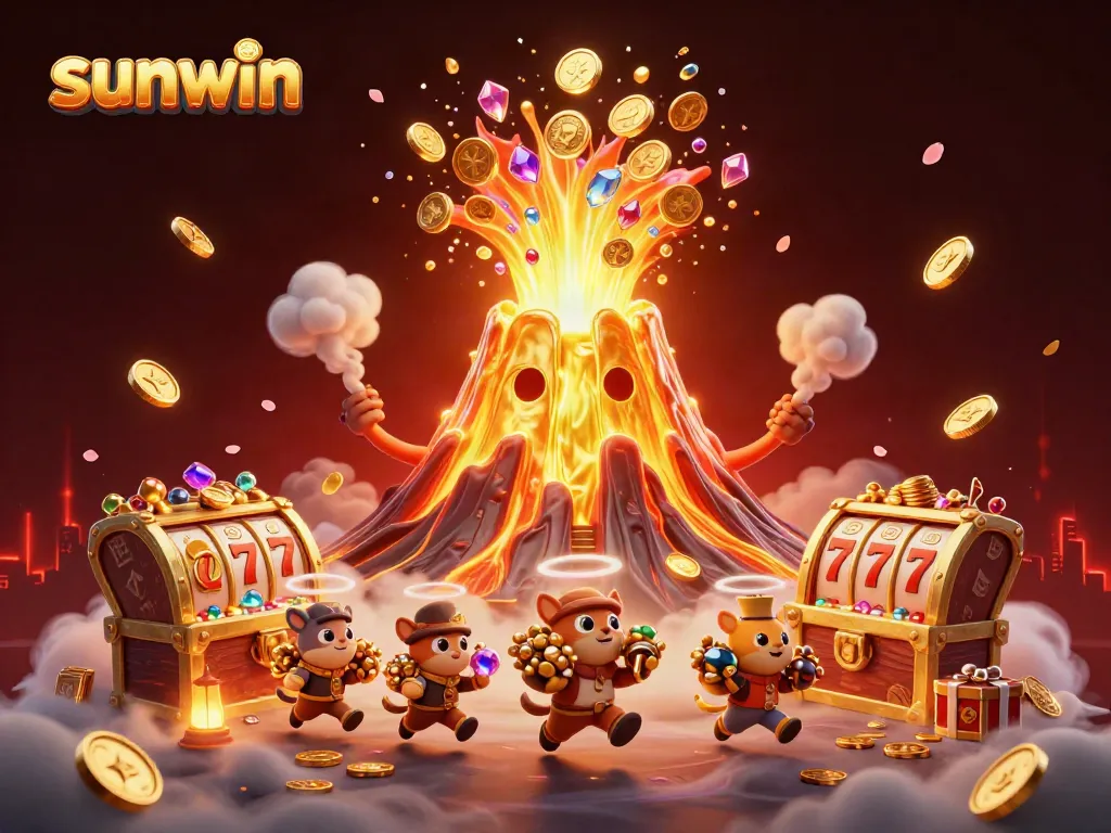 Experience thrilling win possibilities with sunwin, as vibrant cartoon treasure flows from a golden volcano amidst playful graphics.