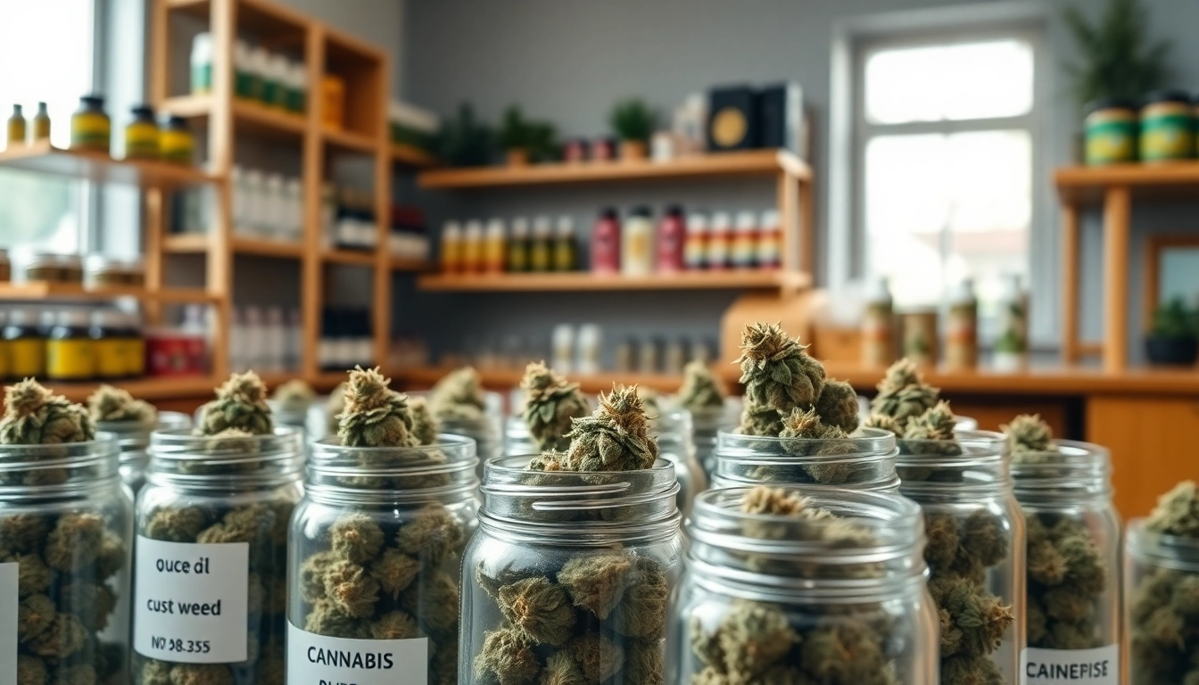 Showcasing the cost of ounce of weed through jars of cannabis buds in a professional setting.