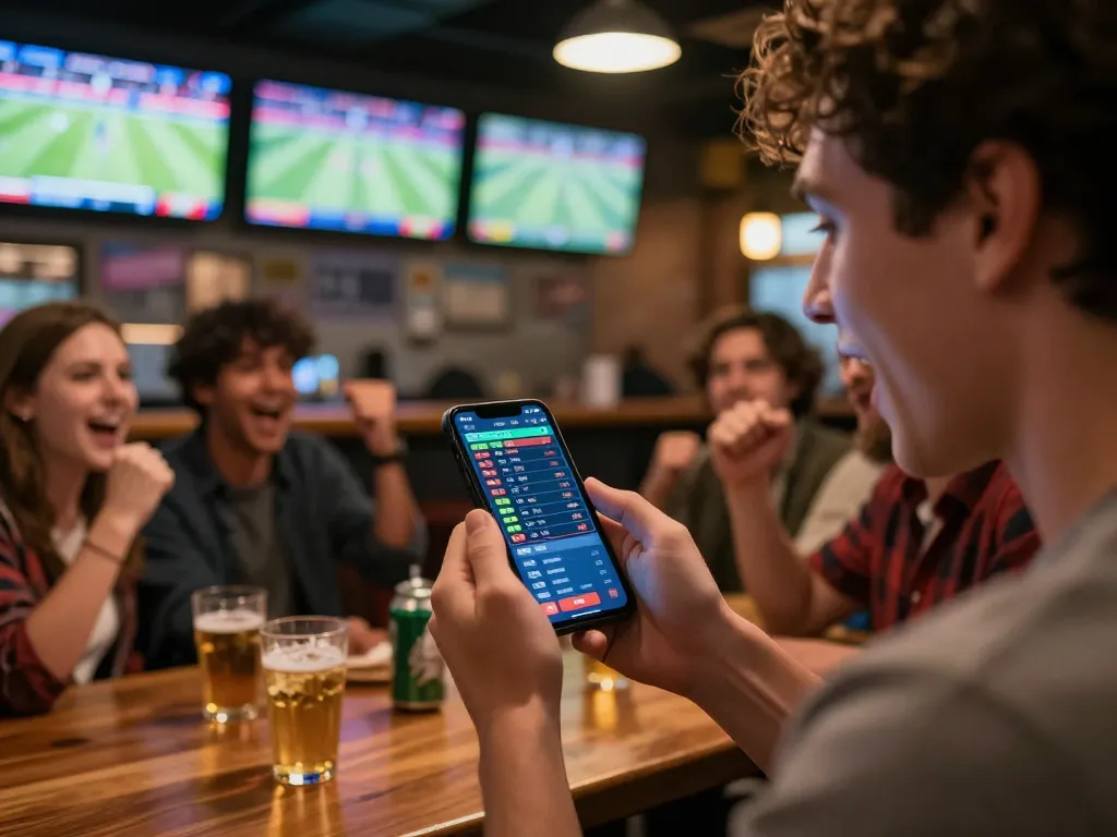 Engaged sports bettor using keonhacai app to place live bets during a game night.