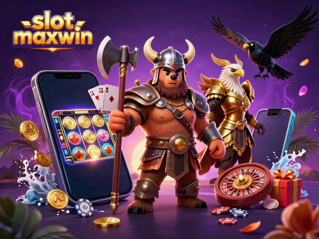Menangkan slot maxwin dengan karakter beruang Viking dan elang Valkyrie di latar belakang menarik.