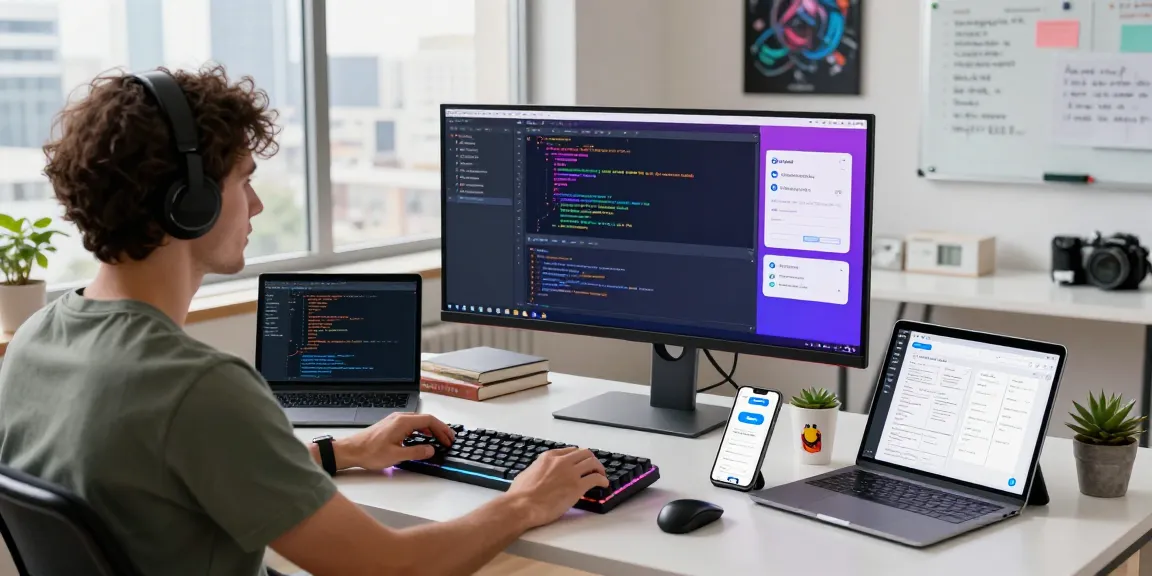 Developer coding at a modern workspace, showcasing telegram官网 apps and support.