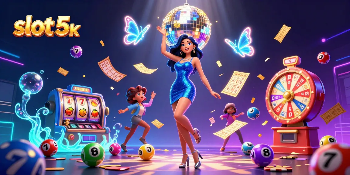 Engage with thrilling slot 5k gameplay, featuring vibrant gaming elements and a glamorous character showcasing excitement.