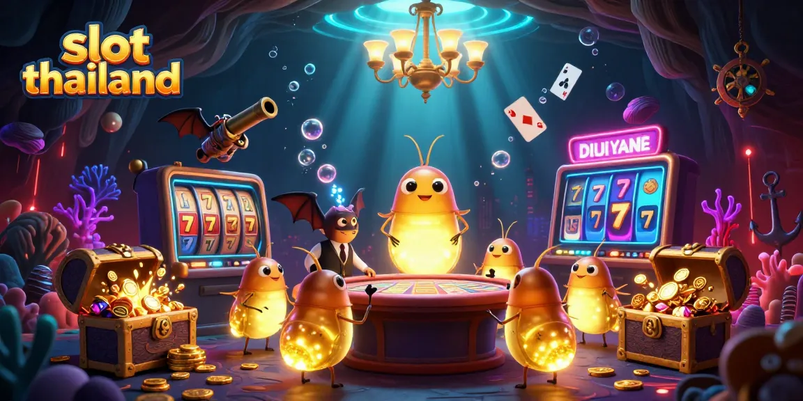 Engaging slot thailand casino illustration highlighting a vibrant cave filled with games, gold coins, and glowworms.