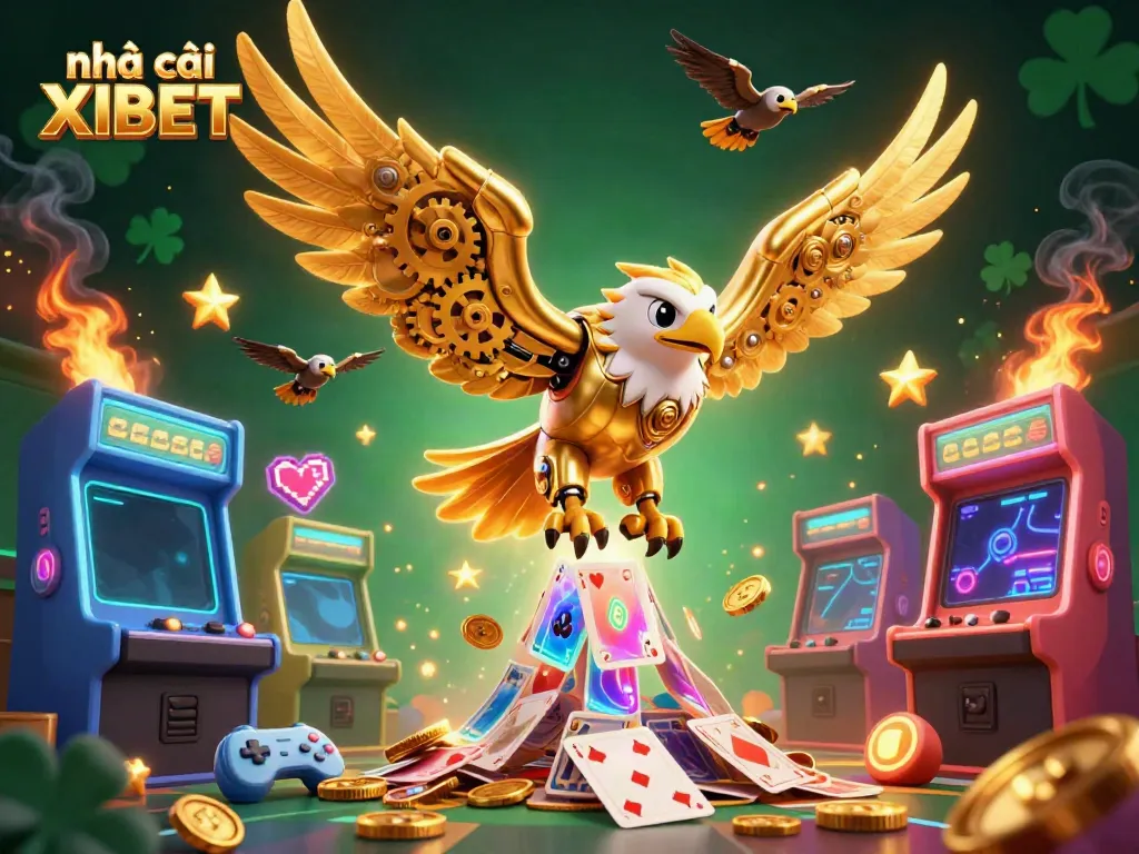 Experience the thrill of nhà cái XIBET with a vibrant 3D scene filled with casino games and dynamic characters.