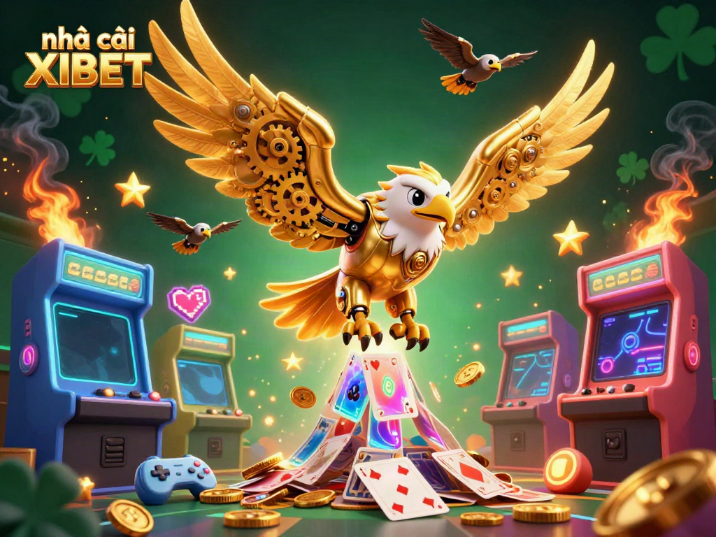 Experience the thrill of nhà cái XIBET with a vibrant 3D scene filled with casino games and dynamic characters.