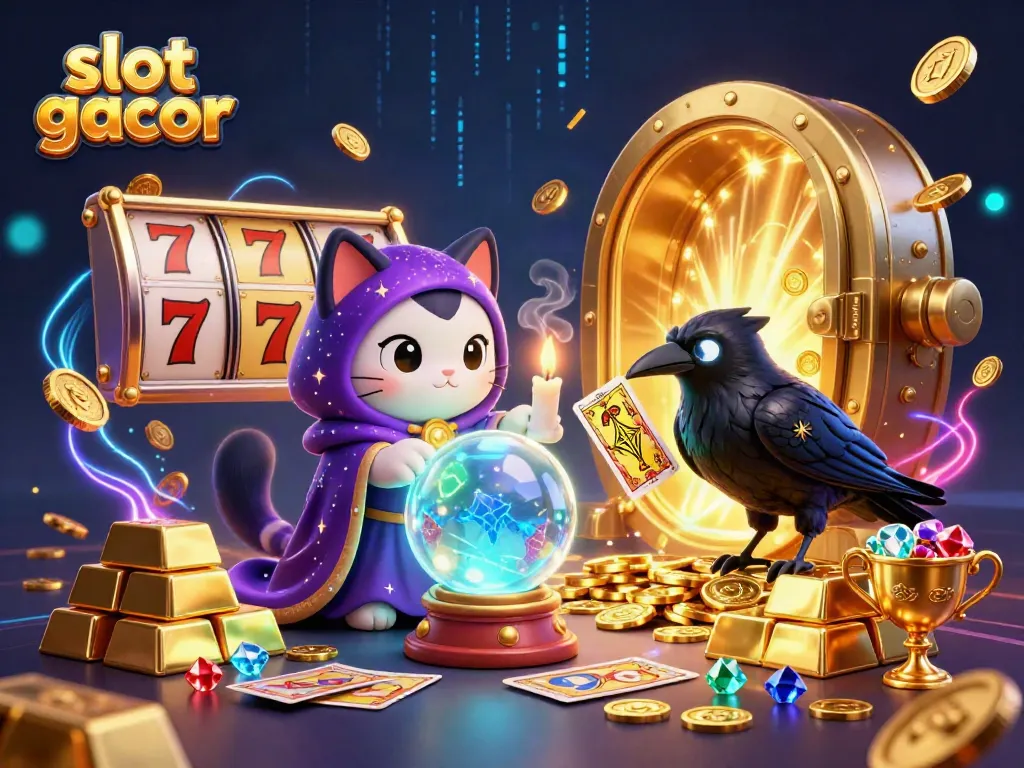 Experience slot gacor with a mystical scene of a fortune teller cat and tarot raven amidst riches.