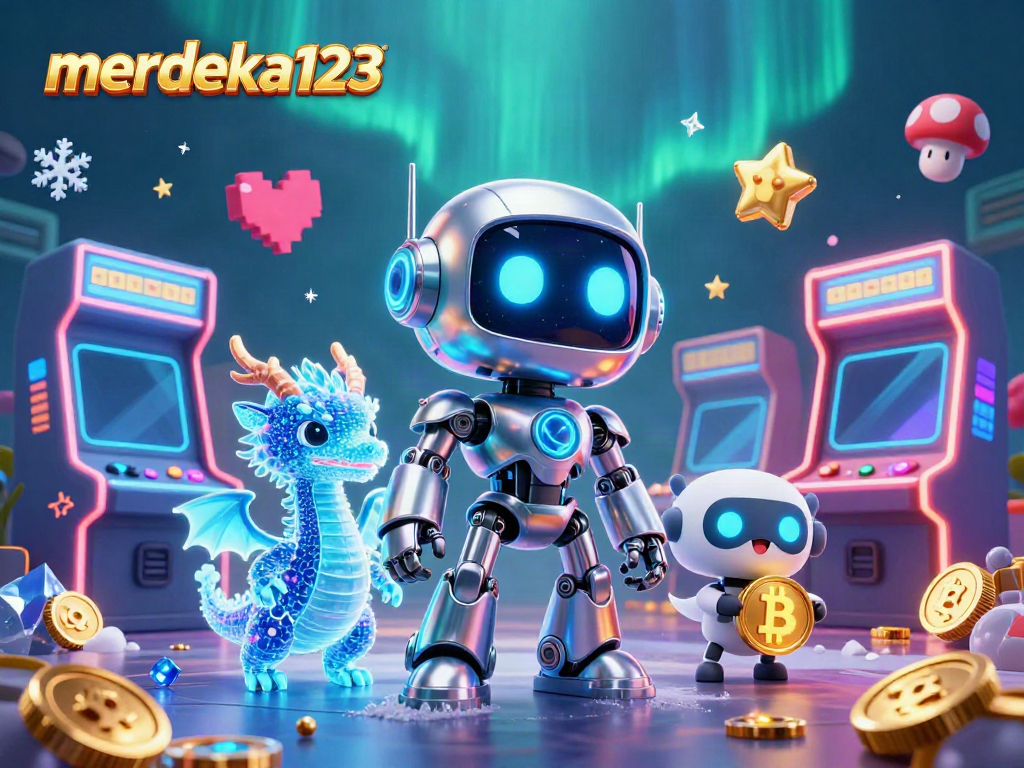 Merdeka123 menghadirkan robot cyberpunk dan naga holografik dalam suasana permainan kasino penuh warna.