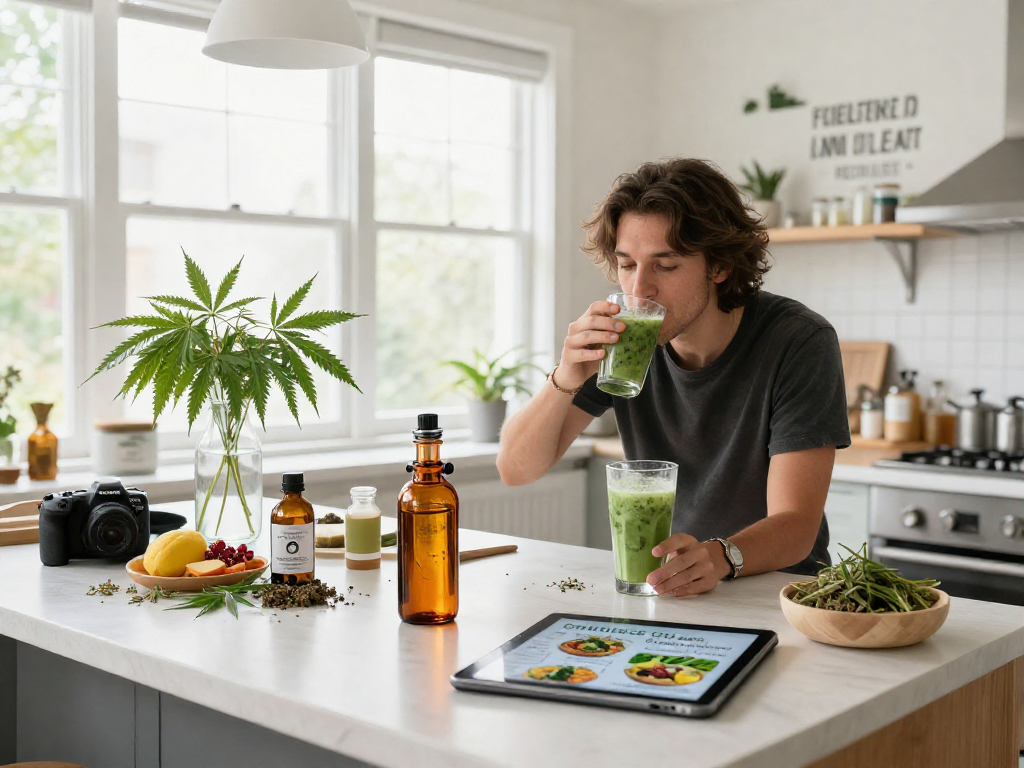 10/10 boys vape alongside organic hemp products in a trendy kitchen.