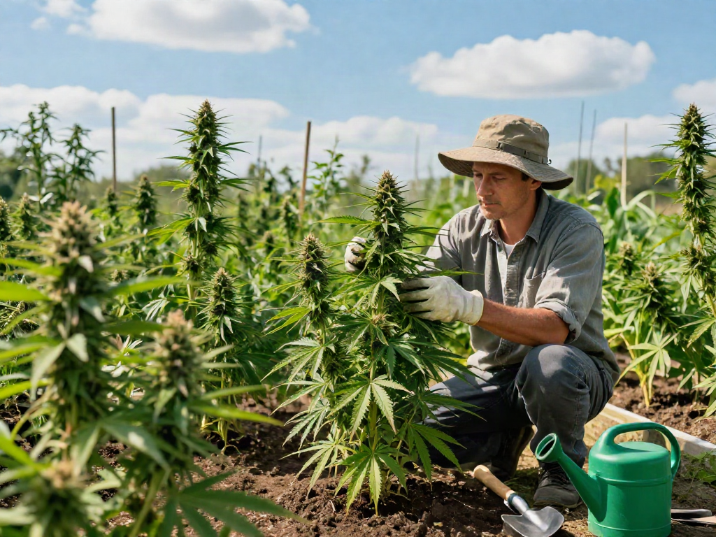 Explore CBD-rich seed varieties in a thriving outdoor garden scene.