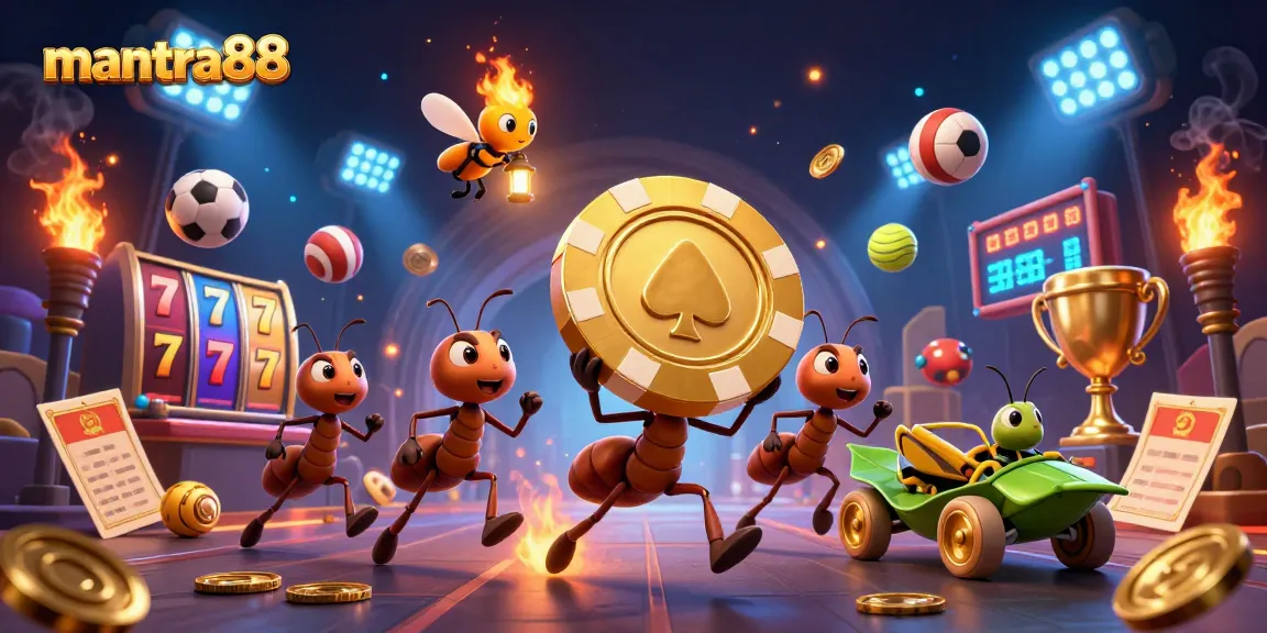 Join the fun with mantra88 as ants pull off a heist carrying a giant poker chip in a dynamic casino scene.