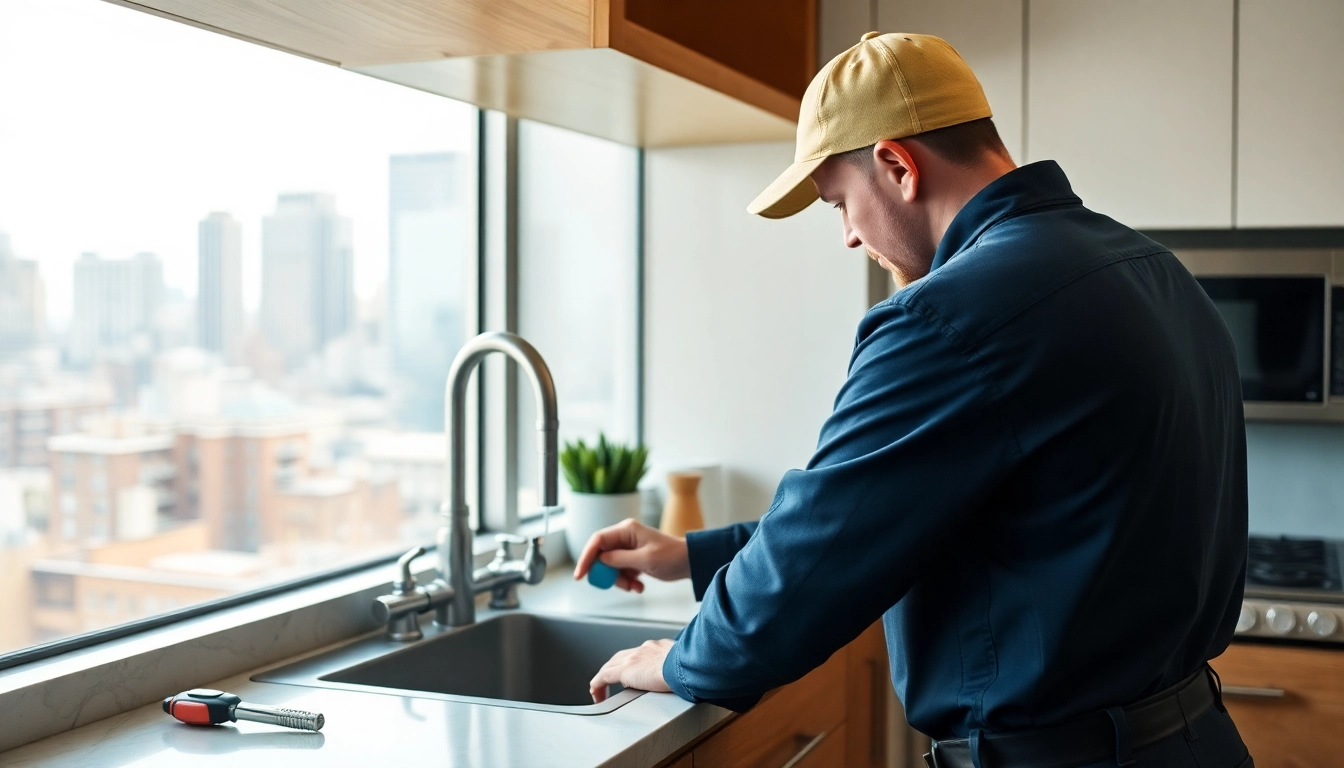 NYC emergency plumber & sewer fixing a leaky pipe in a modern apartment